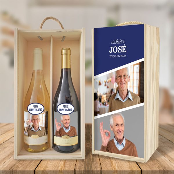 caixa + 2 garrafas de vinho personalizadas mod.1