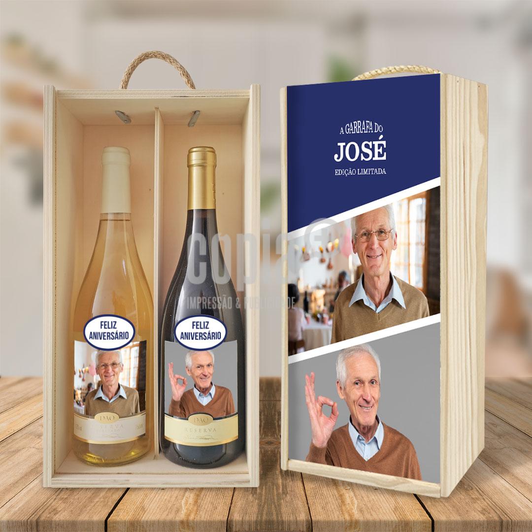 caixa + 2 garrafas de vinho personalizadas mod.1