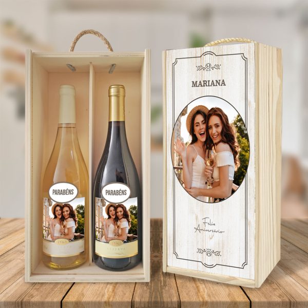 caixa + 2 garrafas de vinho personalizados mod.2