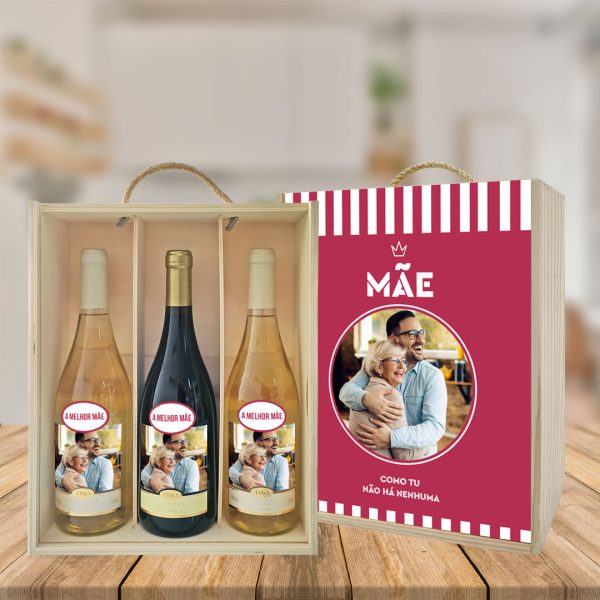 caixa + 3 garrafas de vinho mod.16 mãe