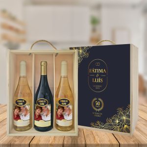 caixa + 3 garrafas de vinho bodas de ouro mod.17