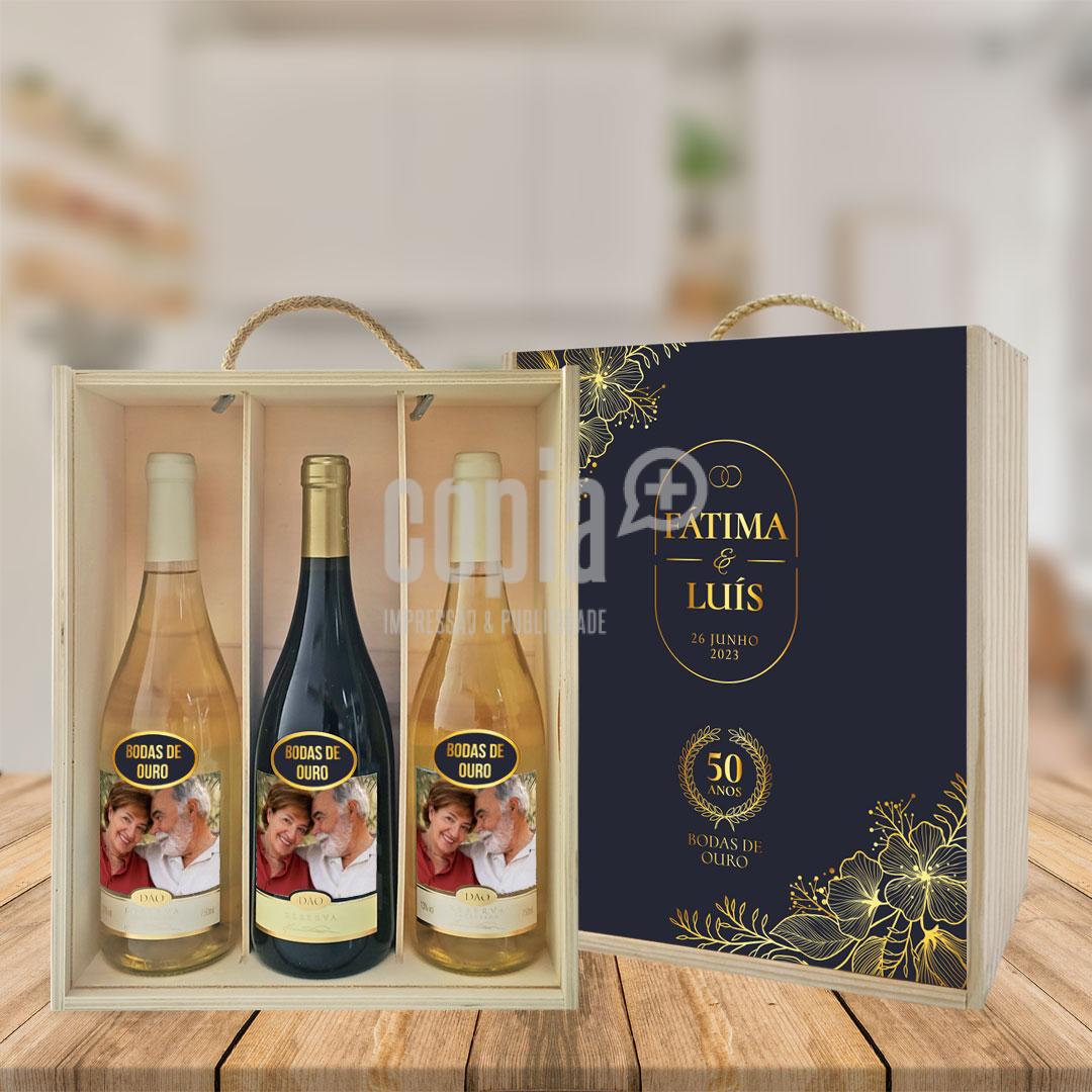 caixa + 3 garrafas de vinho bodas de ouro mod.17