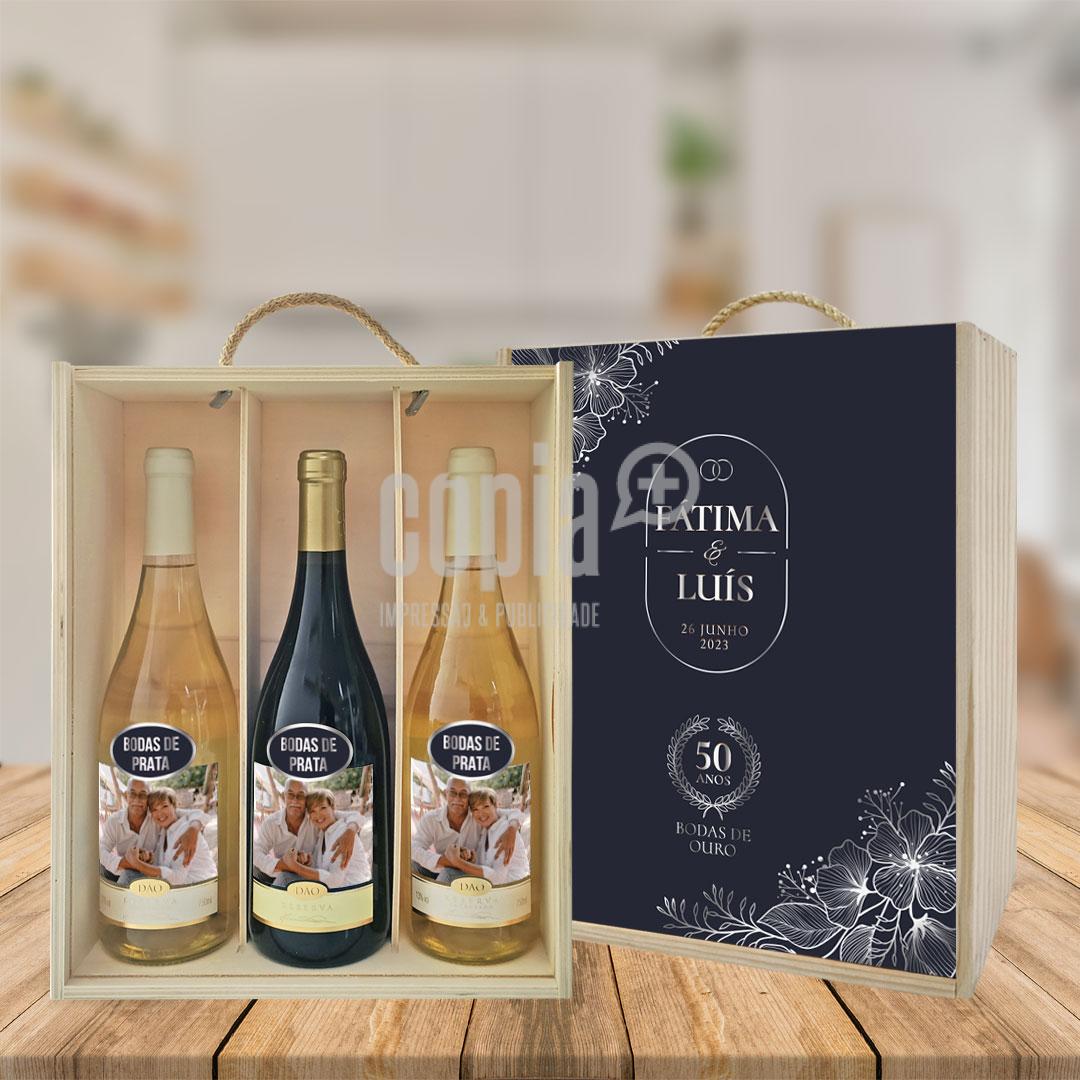 caixa + 3 garrafas de vinho bodas de prata mod18