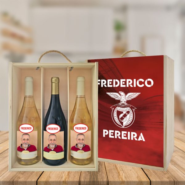 caixa + 3 garrafas de vinho benfica mod.19