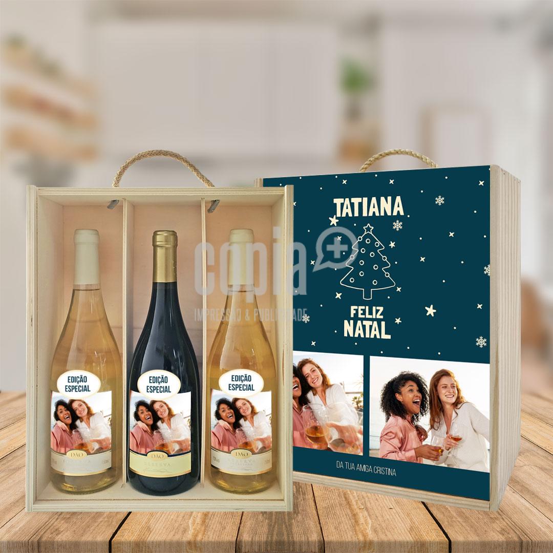 caixa + 3 garrafas de vinho feliz natal mod.3